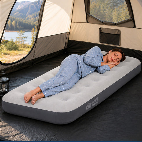 airzzZ Inflatable Flocked Airbed - Quick Inflation & Deflation - Grey Single
