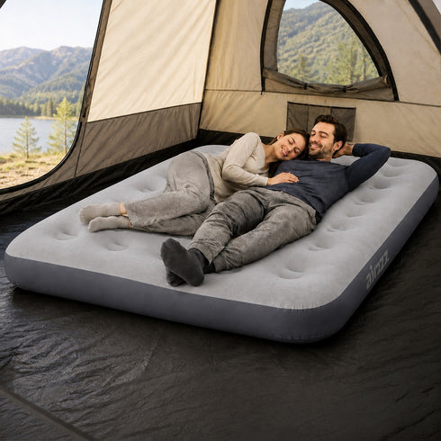 airzzZ Inflatable Flocked Airbed - Quick Inflation & Deflation - Grey Double
