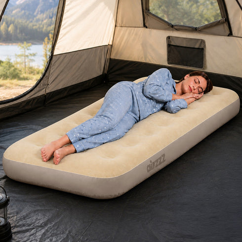 airzzZ Inflatable Flocked Airbed - Quick Inflation & Deflation - Beige Single