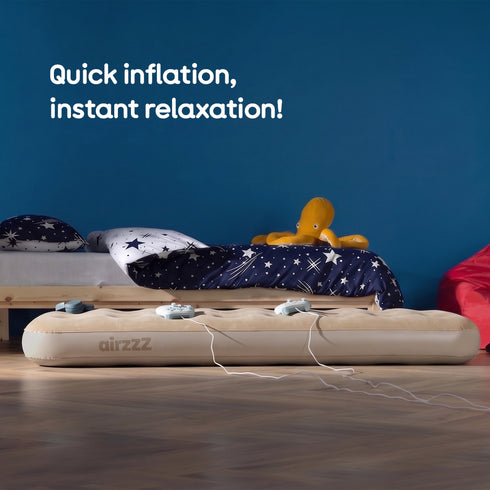 airzzZ Inflatable Flocked Airbed - Quick Inflation & Deflation - Beige Single
