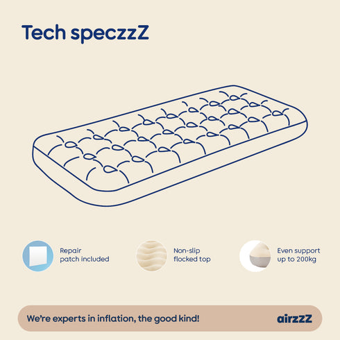airzzZ Inflatable Flocked Airbed - Quick Inflation & Deflation - Beige Single