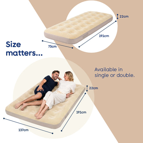 airzzZ Inflatable Flocked Airbed - Quick Inflation & Deflation - Beige Double