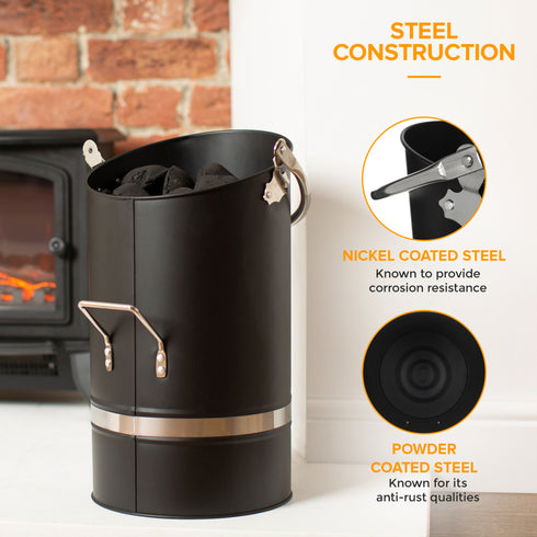 Ellipse Coal Bucket Heavy Duty Fireplace Hod with Nickel Handle