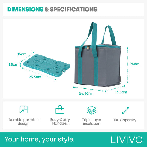 LIVIVO Insulated Cooler Bag with Free Freezer Block - 10L Capacity for Picnic Beach Travel