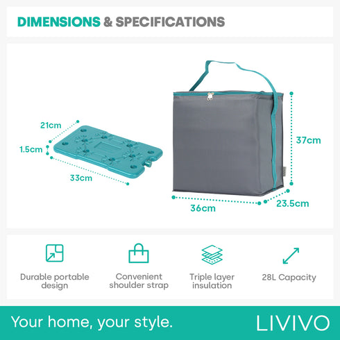 LIVIVO Insulated Cooler Bag with Free Freezer Block - 28L Capacity for Picnic Beach Travel
