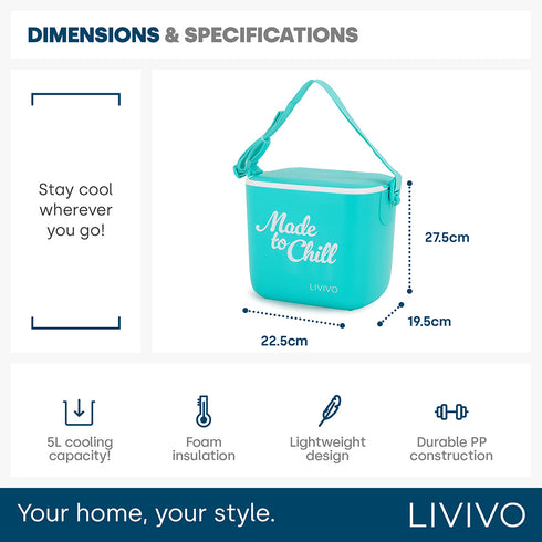 LIVIVO Cool Box 5L Lightweight Portable Foam Insulation Carrying Strap - Turquoise