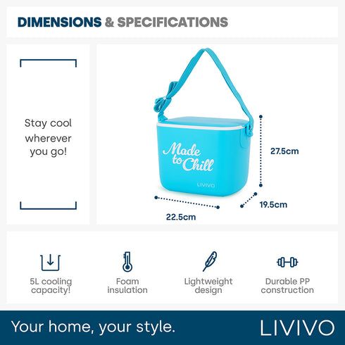 LIVIVO Cool Box 5L Lightweight Portable Foam Insulation Carrying Strap - Blue