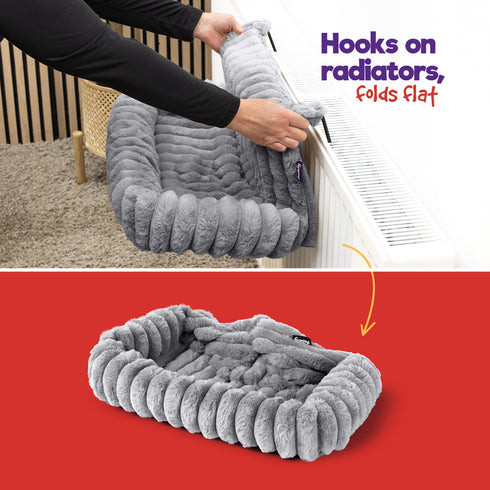 Petlicity Snuggle Padded Cat Radiator Bed 56x35x25cm - Striped Faux Fur - Grey