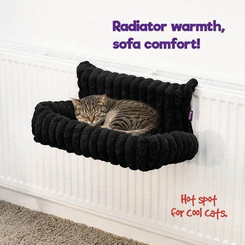 Petlicity Snuggle Padded Cat Radiator Bed 56x35x25cm - Striped Faux Fur - Black