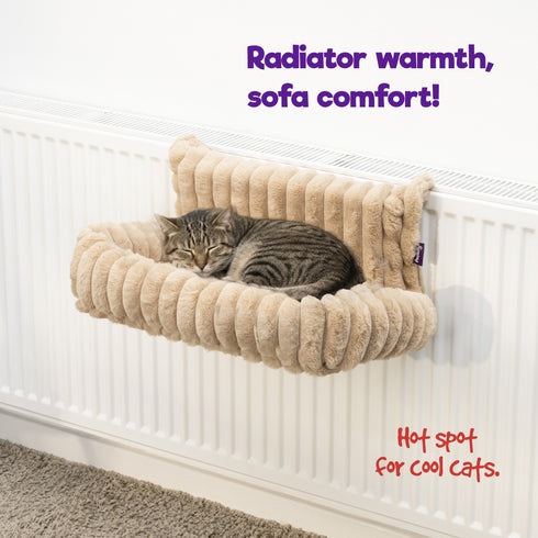 Petlicity Snuggle Padded Cat Radiator Bed 56x35x25cm - Striped Faux Fur - Beige