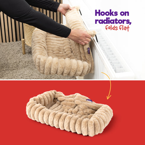 Petlicity Snuggle Padded Cat Radiator Bed 56x35x25cm - Striped Faux Fur - Beige