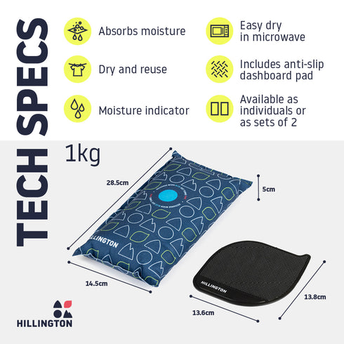 Hillington 1KG Car Dehumidifier with Dashboard Mat - Professional Moisture Control & Anti-Slip Mounting