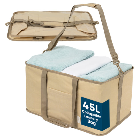 Collapsible Fabric Laundry Storage Basket with Carrying Strap - 45L Foldable Hamper Beige