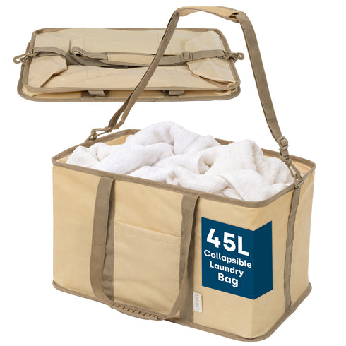 Collapsible Fabric Laundry Storage Basket with Carrying Strap - 45L Foldable Hamper Beige
