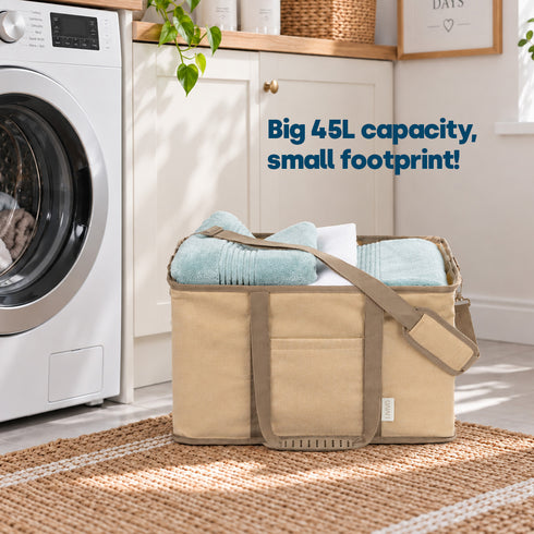 Collapsible Fabric Laundry Storage Basket with Carrying Strap - 45L Foldable Hamper Beige