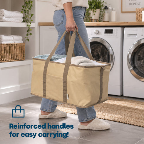Collapsible Fabric Laundry Storage Basket with Carrying Strap - 45L Foldable Hamper Beige