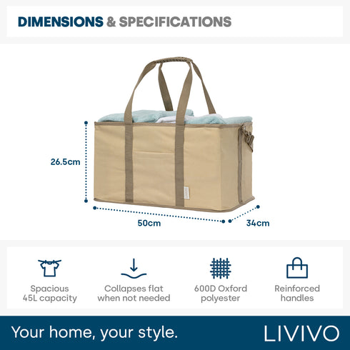 Collapsible Fabric Laundry Storage Basket with Carrying Strap - 45L Foldable Hamper Beige