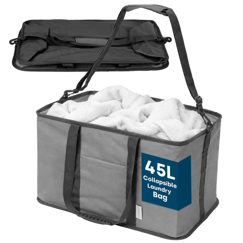 Collapsible Fabric Laundry Storage Basket with Carrying Strap - 45L Foldable Hamper Grey