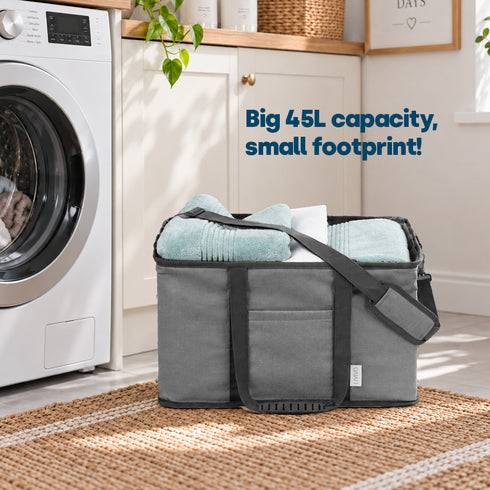 Collapsible Fabric Laundry Storage Basket with Carrying Strap - 45L Foldable Hamper Grey