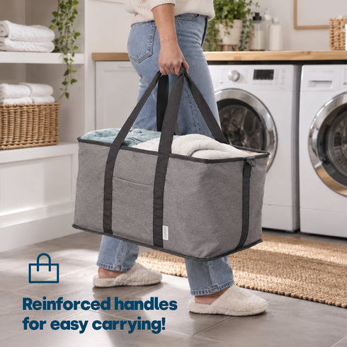 Collapsible Fabric Laundry Storage Basket with Carrying Strap - 45L Foldable Hamper Grey