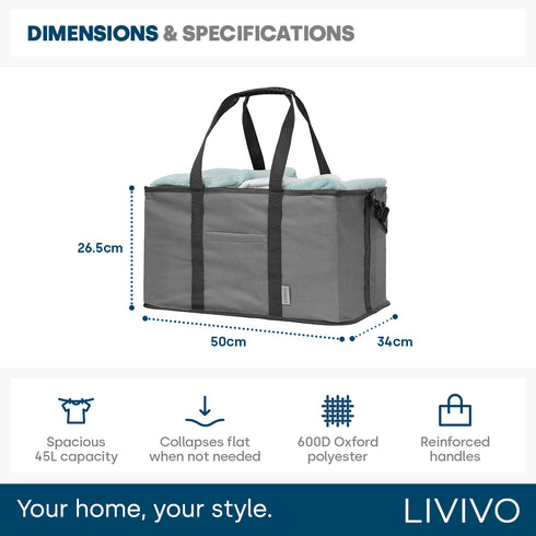 Collapsible Fabric Laundry Storage Basket with Carrying Strap - 45L Foldable Hamper Grey