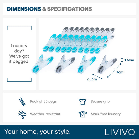 50 Clothes Pegs - Turquoise & Charcoal