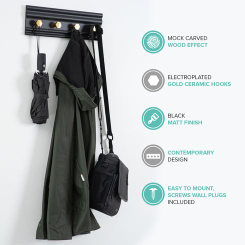 Wall Mounted Coat Rack with 4 Hooks - Black
