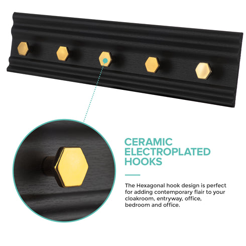5 Hook Wall Mounted Rack - Black & Gold