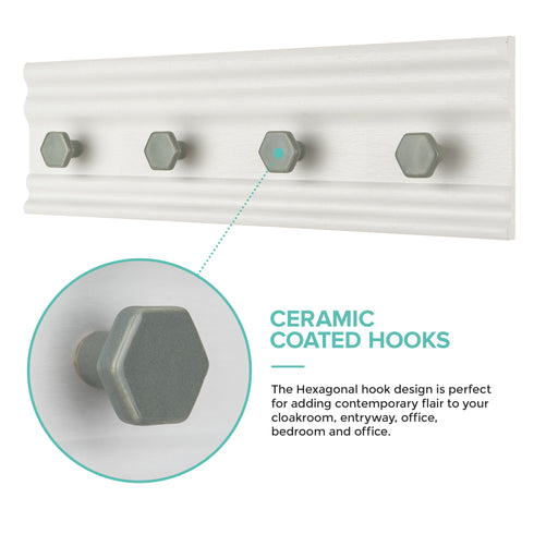 Wall Mounted Coat Rack with 4 Hooks - White/Grey