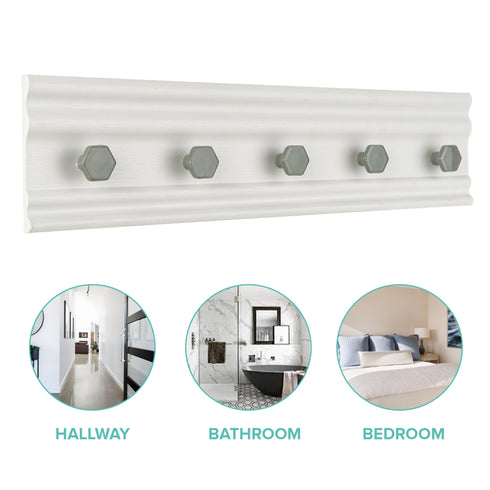 LIVIVO 5 Hook Wall Mounted Rack Grey & White Hexagon