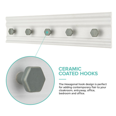 LIVIVO 5 Hook Wall Mounted Rack Grey & White Hexagon