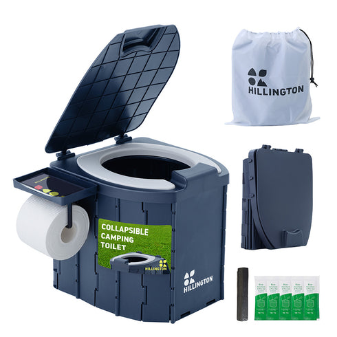 Hillington Portable Camping Toilet 150kg - Foldable with Padded Seat & Complete Accessory Kit - Blue