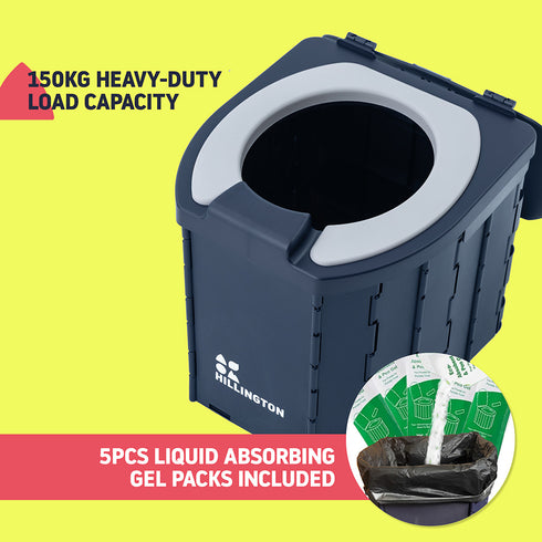 Hillington Portable Camping Toilet 150kg - Foldable with Padded Seat & Complete Accessory Kit - Blue