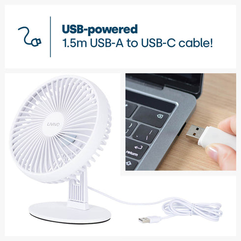 LIVIVO 6" USB Desk Fan 3 Speed Compact Desktop with Steel Base & Type-C Cable - White
