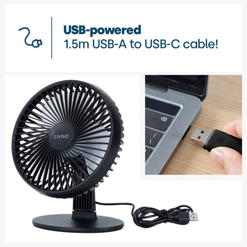 LIVIVO 6" USB Desk Fan 3 Speed Compact Desktop with Steel Base & Type-C Cable - Black