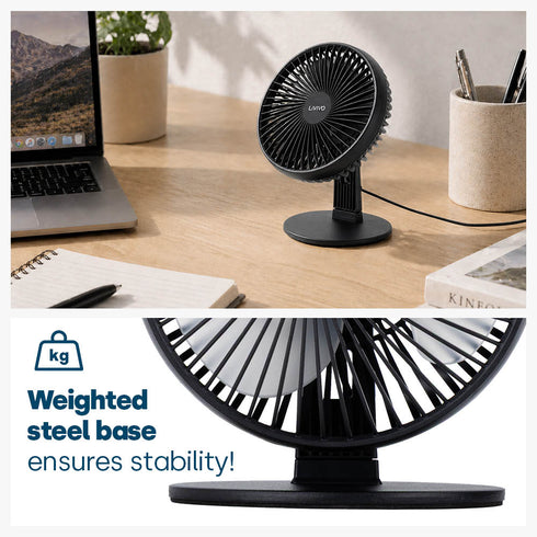 LIVIVO 6" USB Desk Fan 3 Speed Compact Desktop with Steel Base & Type-C Cable - Black