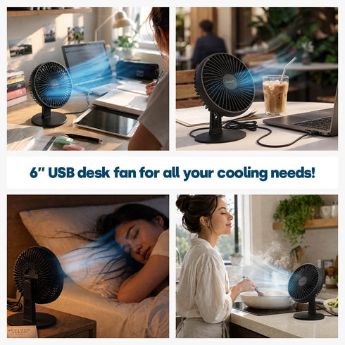 LIVIVO 6" USB Desk Fan 3 Speed Compact Desktop with Steel Base & Type-C Cable - Black
