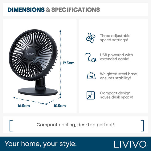 LIVIVO 6" USB Desk Fan 3 Speed Compact Desktop with Steel Base & Type-C Cable - Black