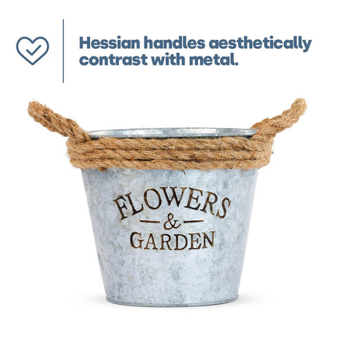 Round Zinc Plant Pot 16cm with Hessian Handle