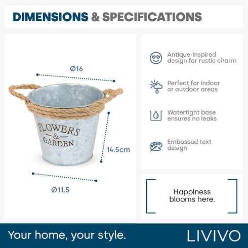 Round Zinc Plant Pot 16cm with Hessian Handle