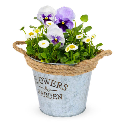 Round Zinc Plant Pot 16cm with Hessian Handle