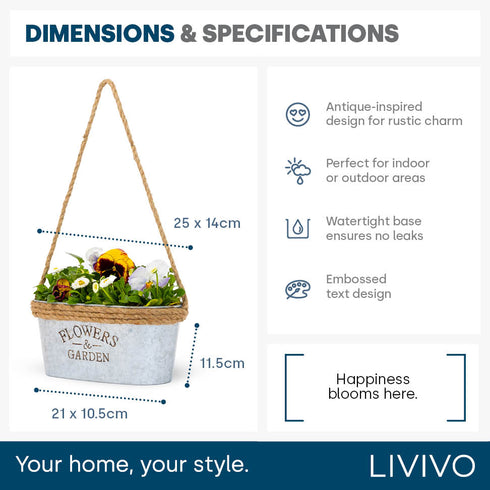 Zinc Hanging Plant Pot with Hessian Rope