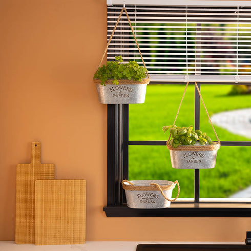 Zinc Hanging Plant Pot with Hessian Rope