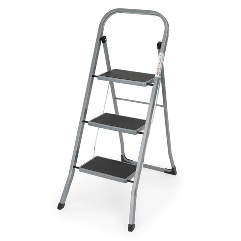LIVIVO 3 Step Folding Ladder Steel Frame with Handrail, Anti-Slip Steps & 150kg Capacity