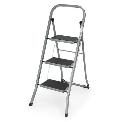 LIVIVO 3 Step Folding Ladder Steel Frame with Handrail, Anti-Slip Steps & 150kg Capacity