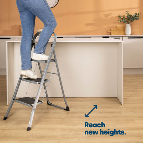 LIVIVO 3 Step Folding Ladder Steel Frame with Handrail, Anti-Slip Steps & 150kg Capacity