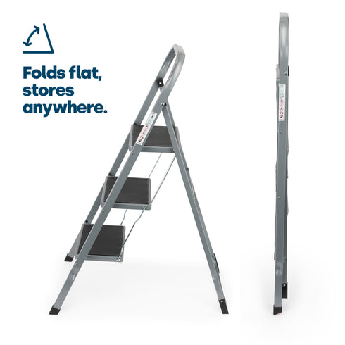 LIVIVO 3 Step Folding Ladder Steel Frame with Handrail, Anti-Slip Steps & 150kg Capacity