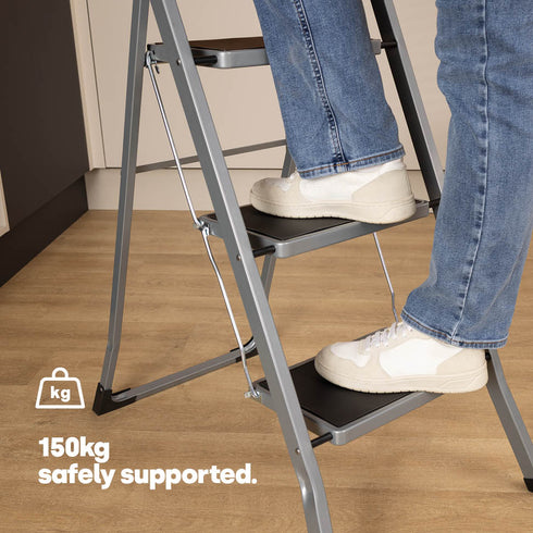 LIVIVO 3 Step Folding Ladder Steel Frame with Handrail, Anti-Slip Steps & 150kg Capacity