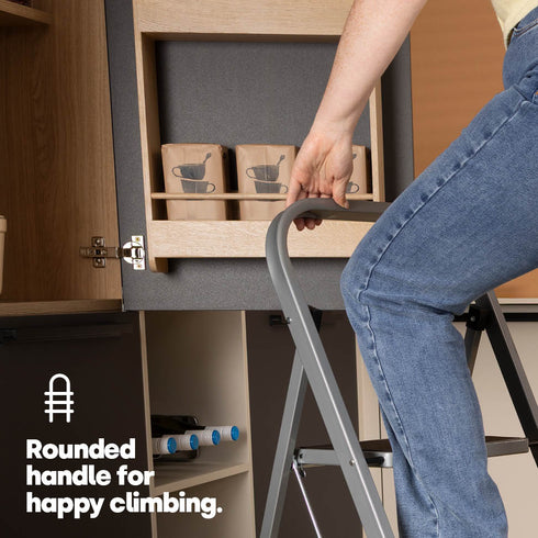 LIVIVO 3 Step Folding Ladder Steel Frame with Handrail, Anti-Slip Steps & 150kg Capacity