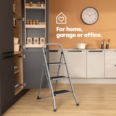 LIVIVO 3 Step Folding Ladder Steel Frame with Handrail, Anti-Slip Steps & 150kg Capacity